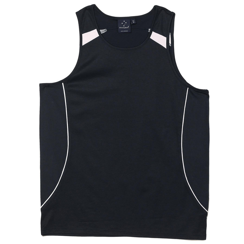 Black athletic singlet with white contrast piping along sides and mesh shoulder panels