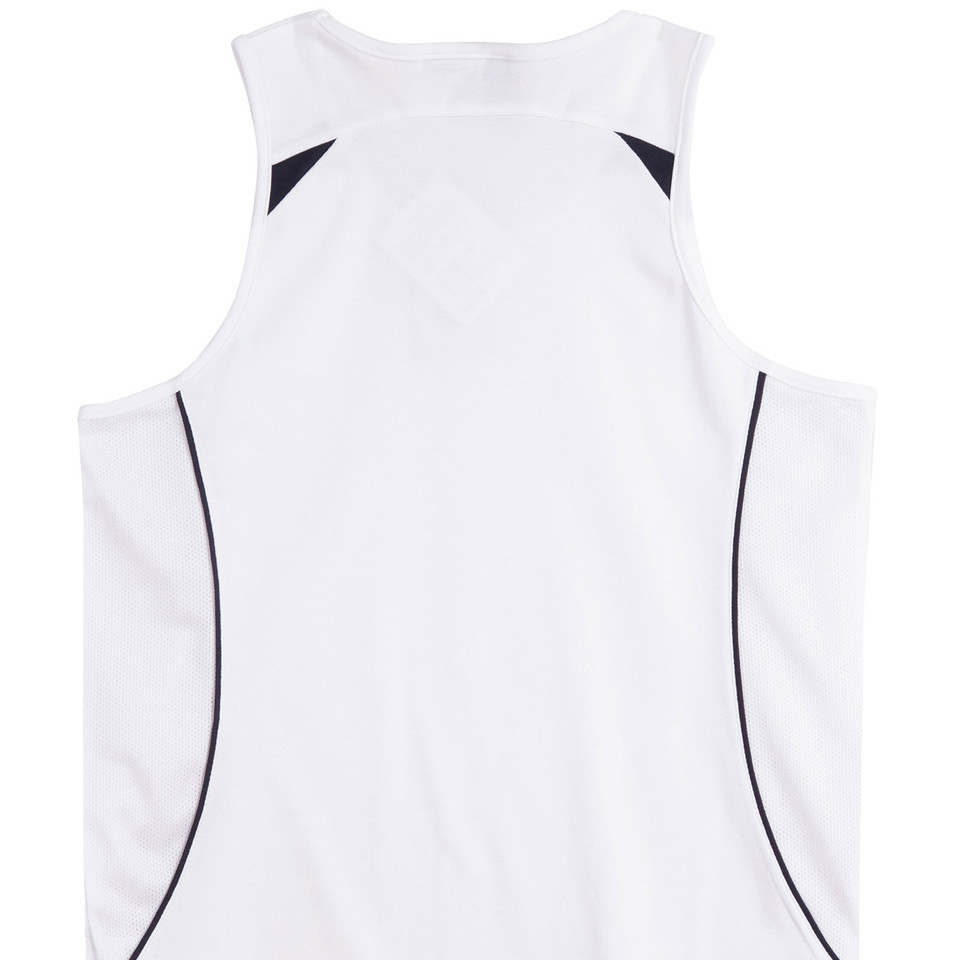White athletic singlet with navy contrast piping along sides and shoulder panels