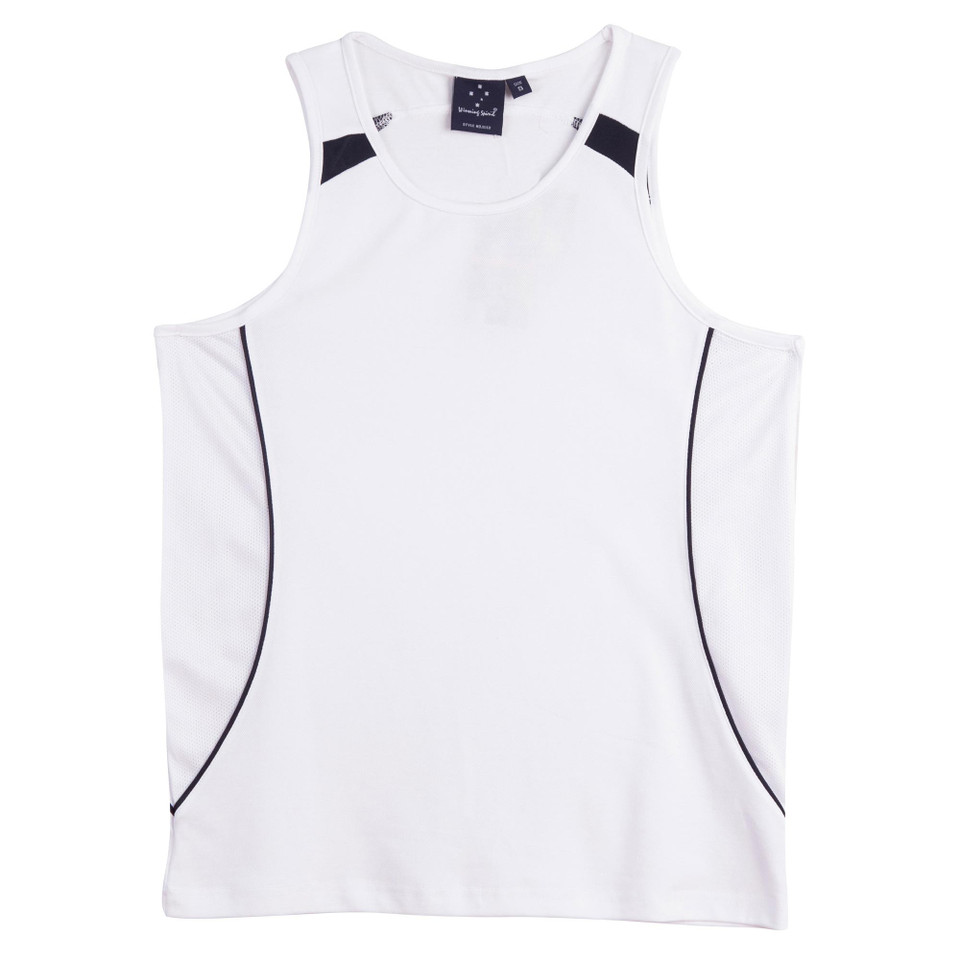 White TrueDry mesh sport singlet with navy contrast piping and shoulder panels