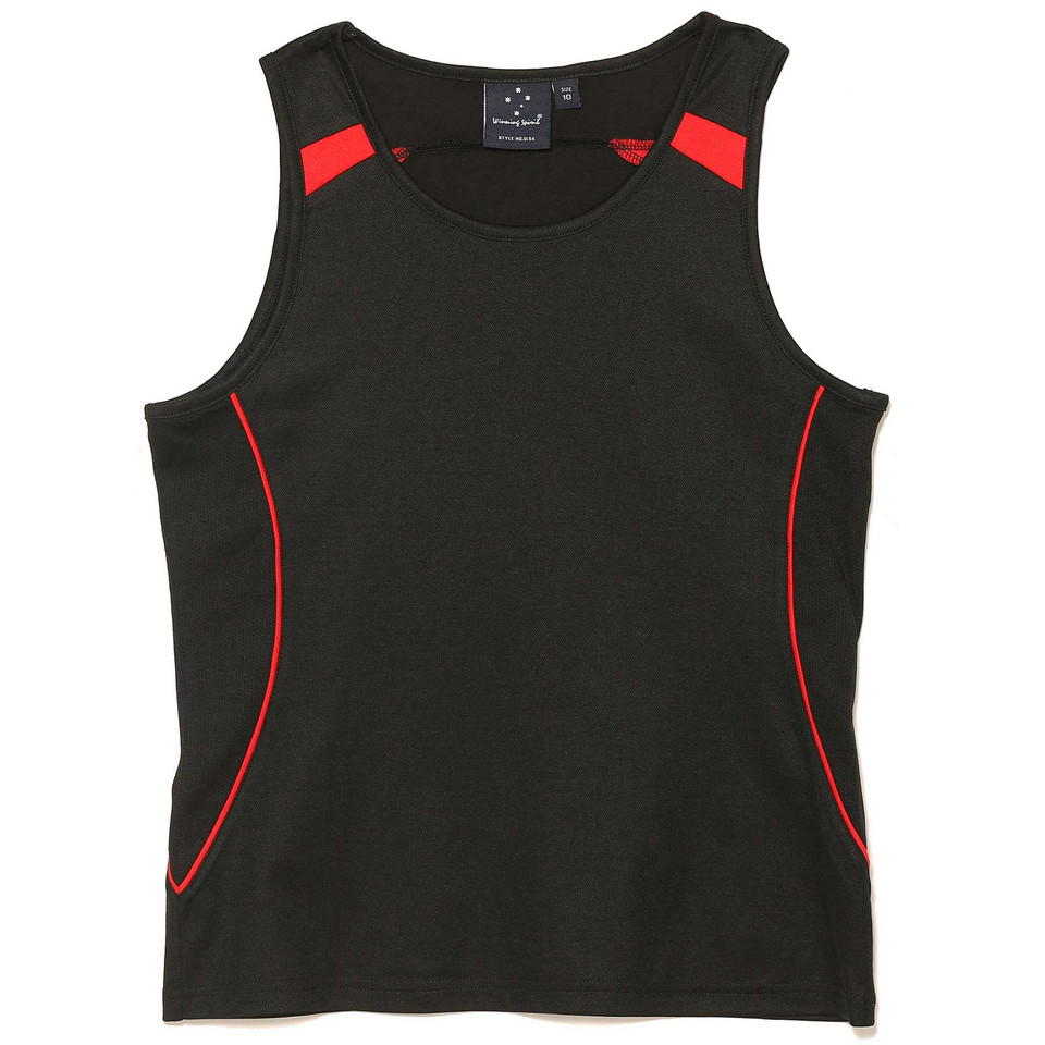 Charcoal grey athletic singlet with red contrast panels on shoulders and side piping