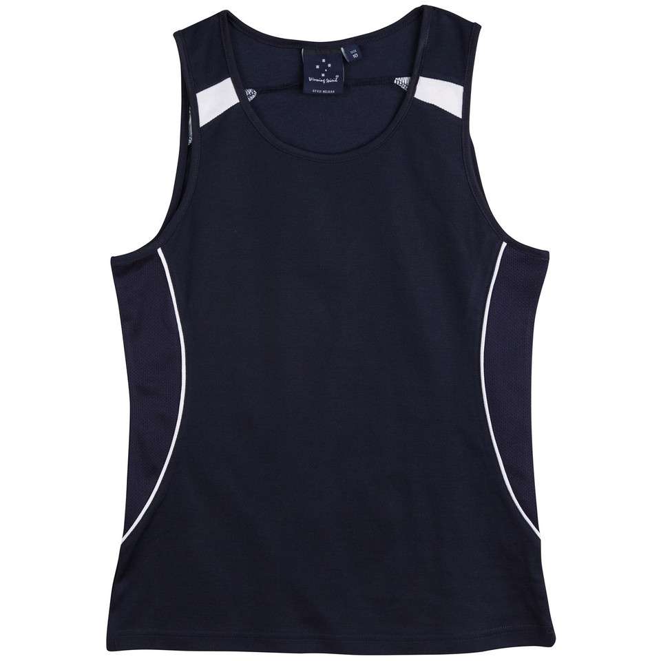 Navy TrueDry sport singlet with white contrast panels on shoulders and curved side piping for decoration