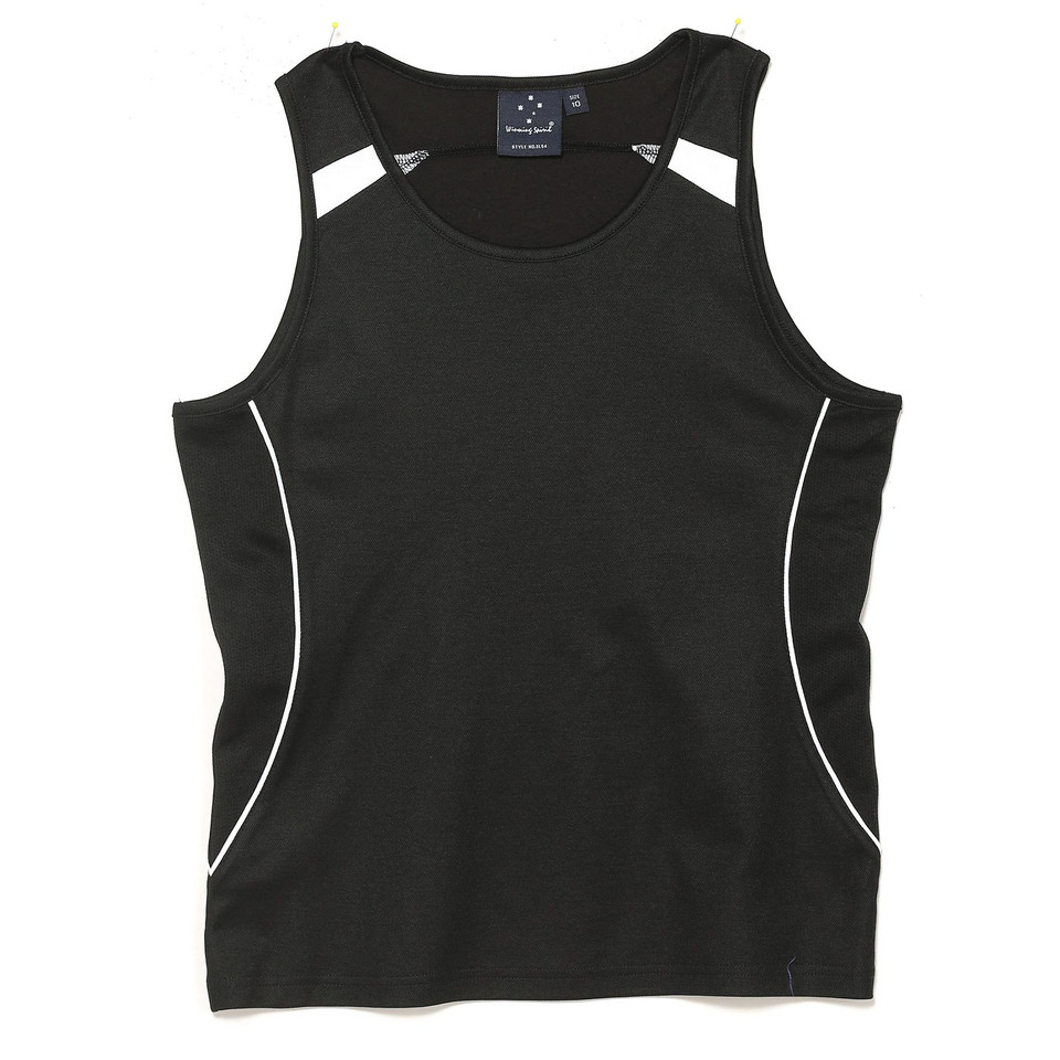 Black TrueDry ladies sport singlet with white contrast piping along sides and shoulder panels