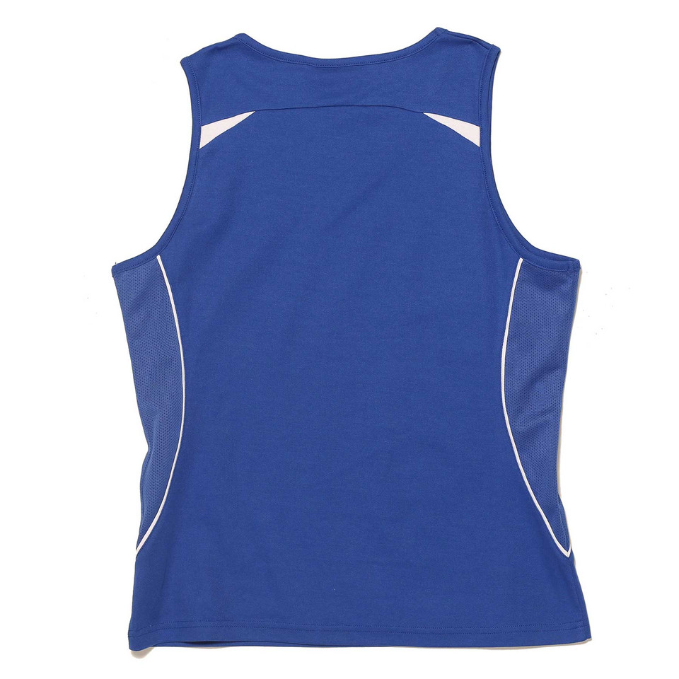 Royal blue ladies singlet with white contrast piping along sides and shoulder panels