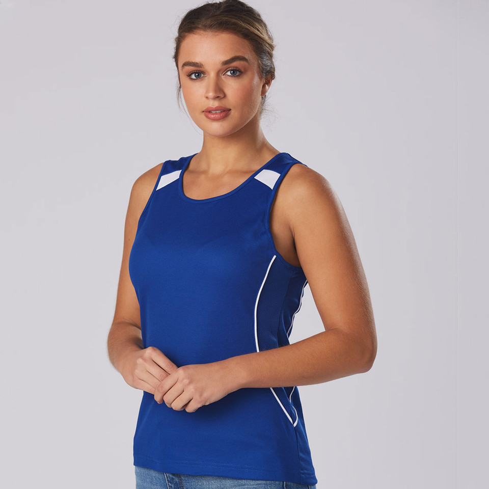 Royal blue ladies athletic singlet with white contrast side panels and shoulder stripes