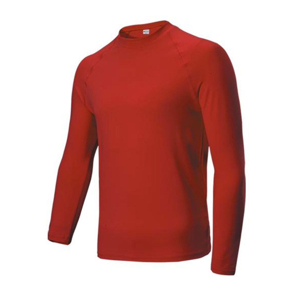 Bright red long sleeve rashie with crew neck and smooth flat construction