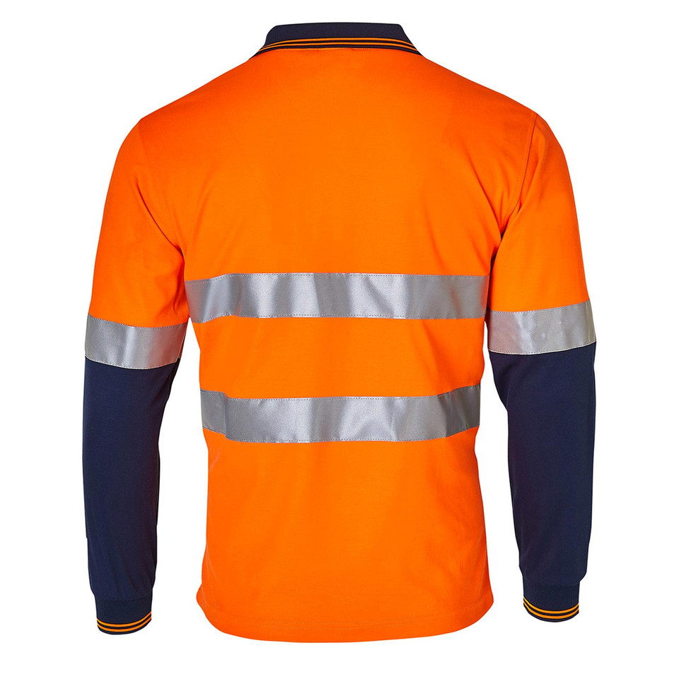 Hi-vis orange long sleeve polo with navy contrast and 3M reflective tape stripes across back and sleeves
