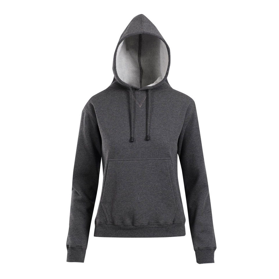 Charcoal marle pullover hoodie with kangaroo pocket and contrast white inner hood lining