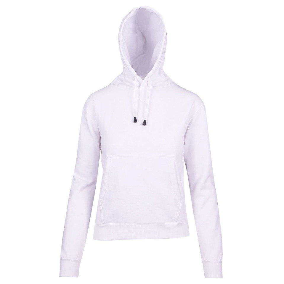 White fleece hoodie with kangaroo pocket and matching drawstrings on plain front panel