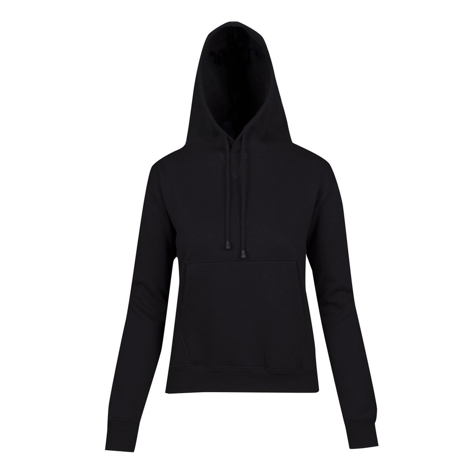 Black COOPER Ladies and Youth Fleecy Hoodie, a warm pullover sweatshirt with a cozy fleece lining, hood, and front kangaroo pocket, ideal for school uniforms and casual wear.