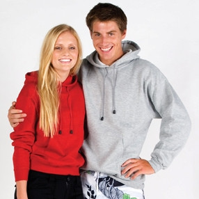 Bright red and grey marle fleece hoodies with kangaroo pockets and drawstring hoods on models