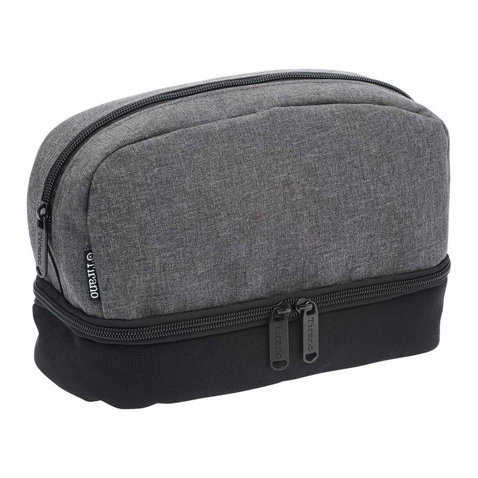 Grey heather polycanvas toiletry bag with black base and dual zipper compartments