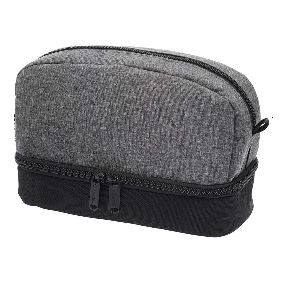 Grey heather and black two-tone toiletry bag with dual zippered compartments and rounded rectangular shape