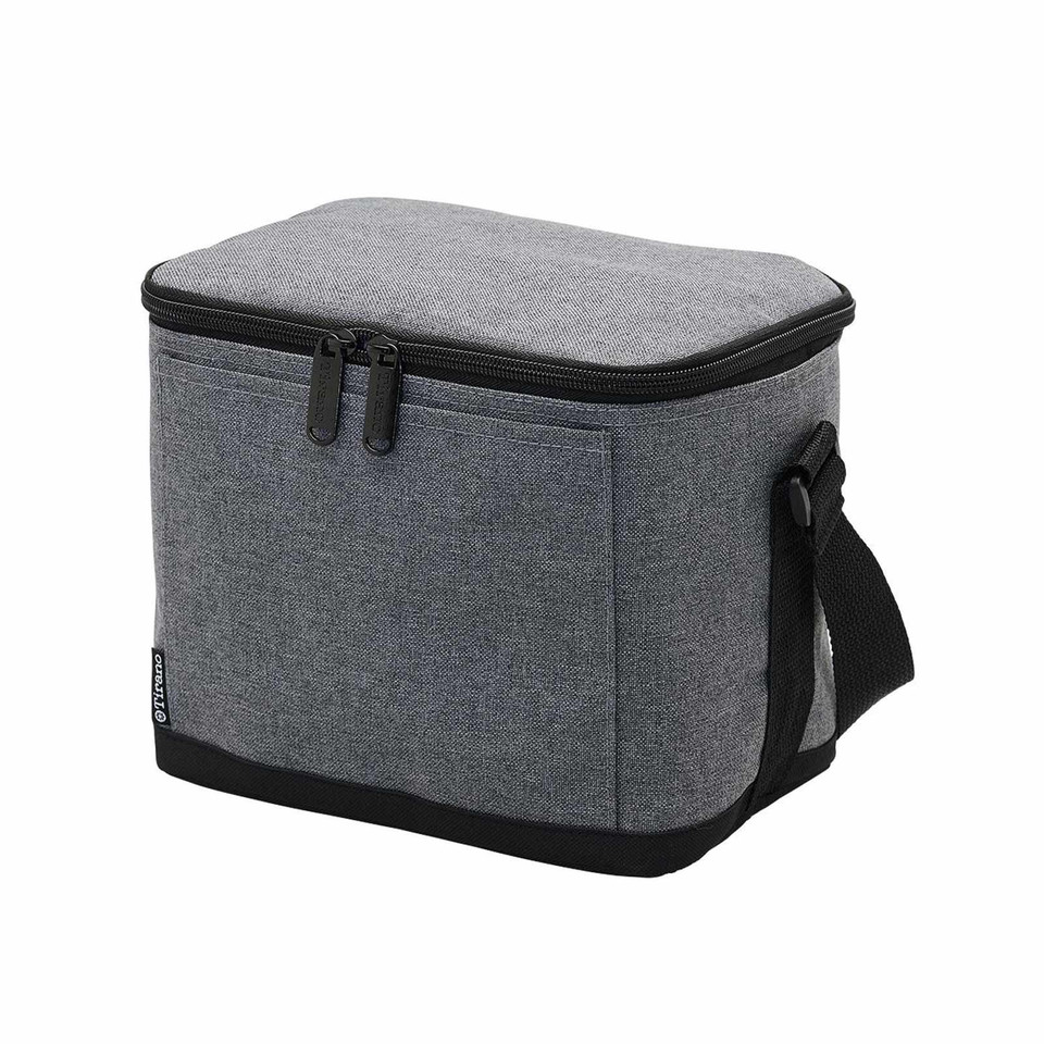 Charcoal grey canvas-textured cooler bag with black trim, dual zippers, front pocket and adjustable shoulder strap
