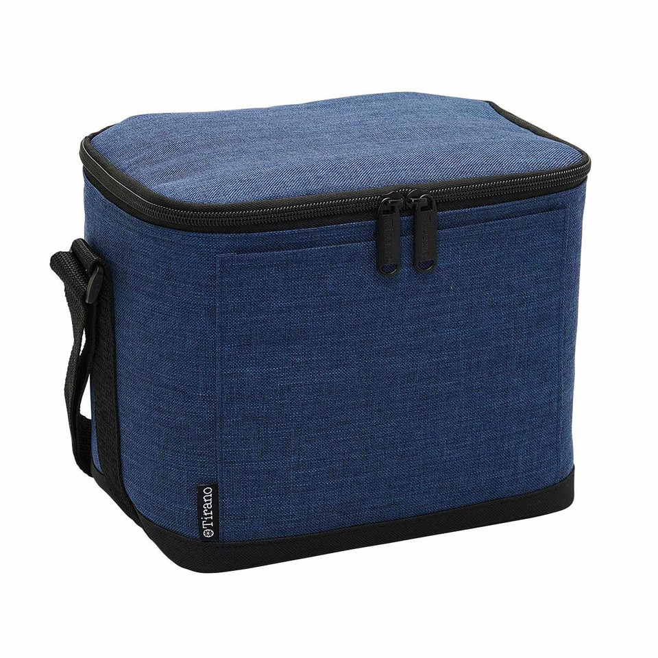 Navy blue canvas-textured cooler bag with black zip top, carry handle and contrasting base trim