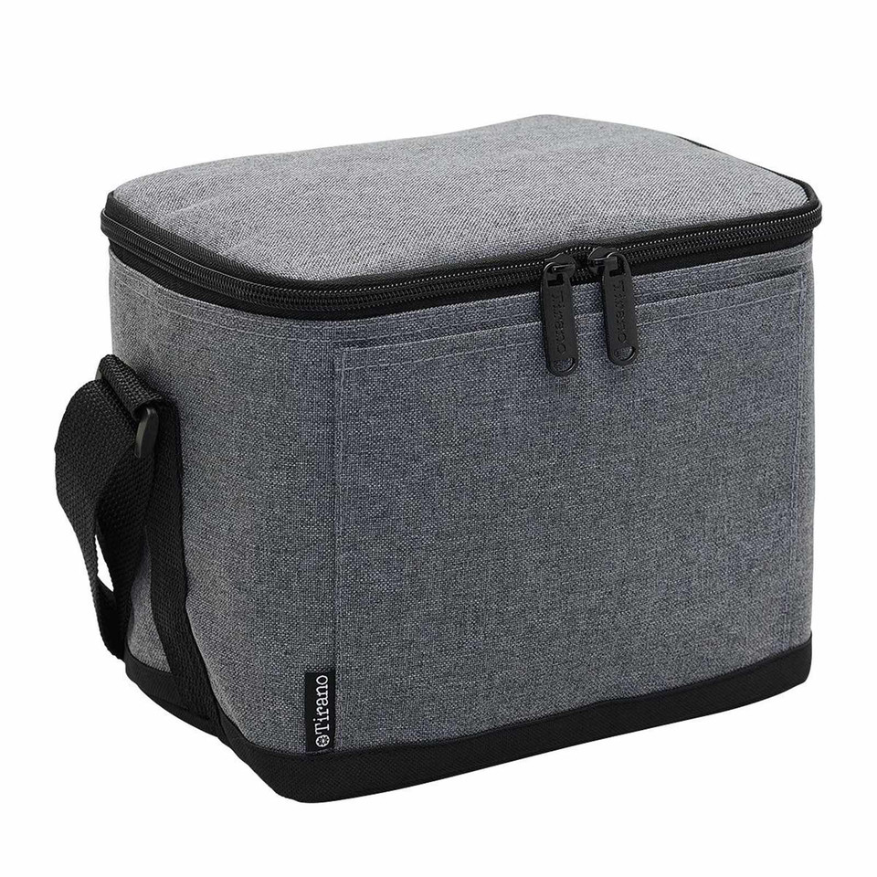 Grey canvas-textured cooler bag with black trim, dual zippers, and adjustable shoulder strap