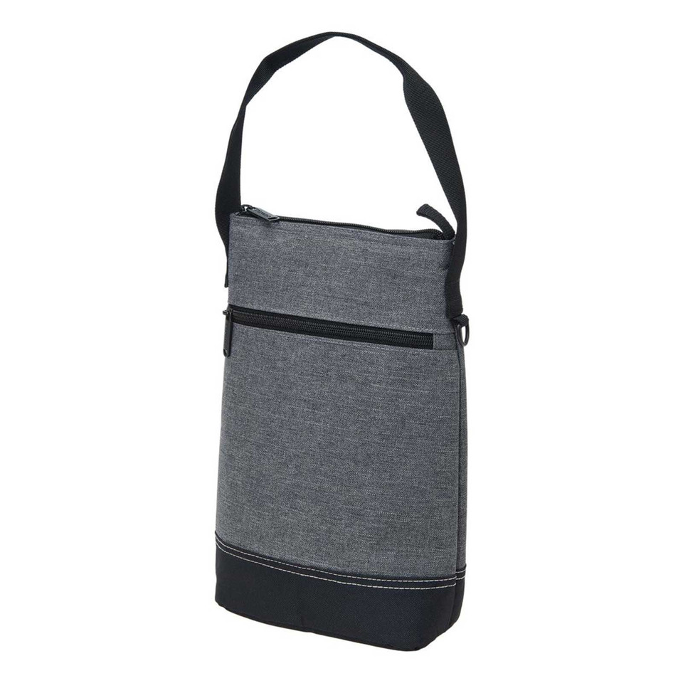 Charcoal grey wine cooler bag with black base and trim, adjustable shoulder strap and zippered front pocket