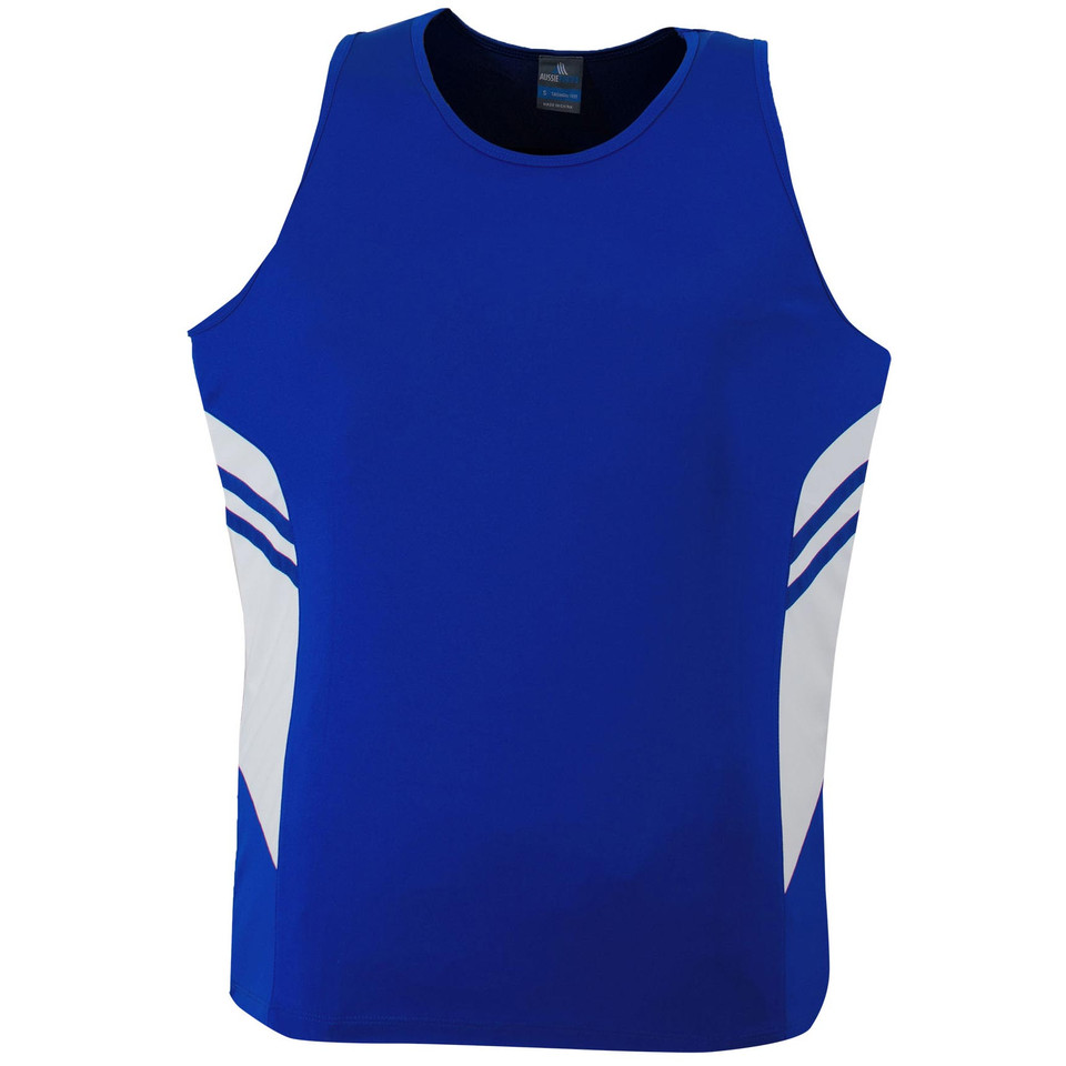 Royal blue sports singlet with white side panels and contrast striping detail