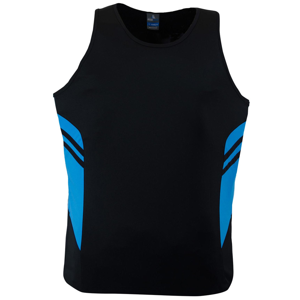Black athletic singlet with cyan blue contrast side panels and diagonal stripe detail