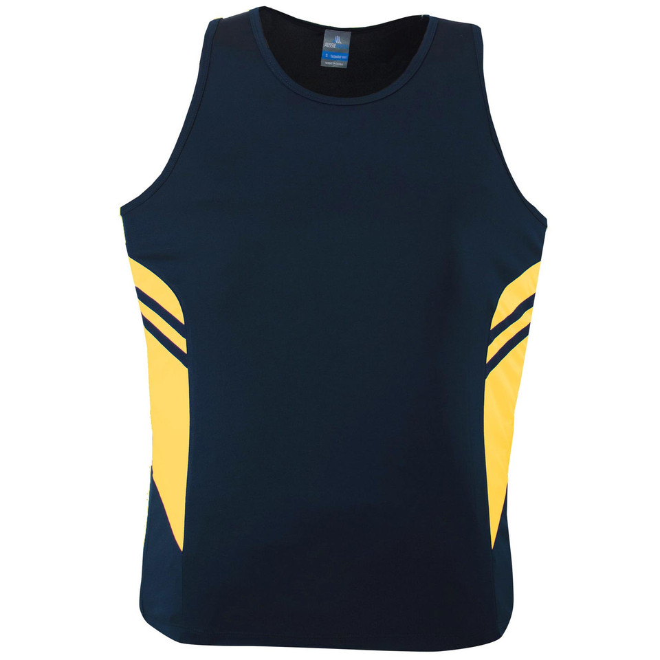 Navy and gold contrast panel singlet with angled stripe detailing on sides