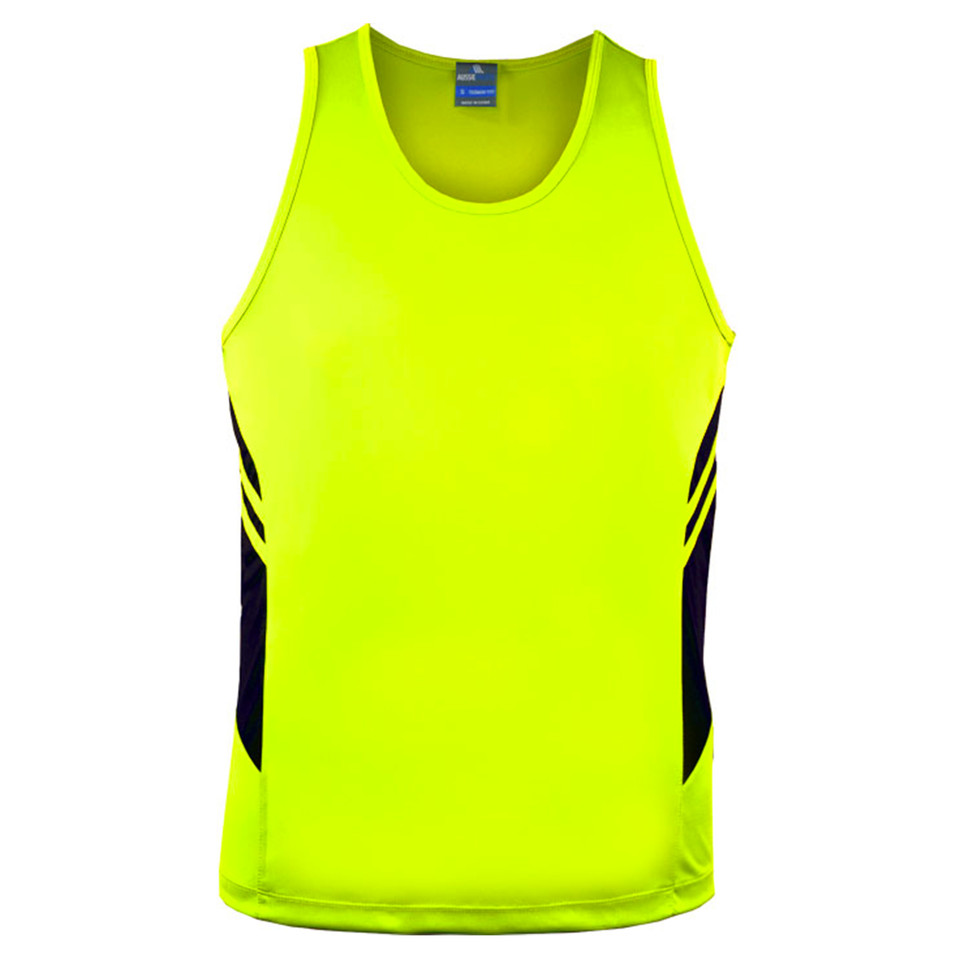 Neon Yellow+Black Plain Talent men's contrast panel sports singlet (tank top) made from moisture-removal microknit fabric, ideal for gym wear, teams, and active uniform branding.