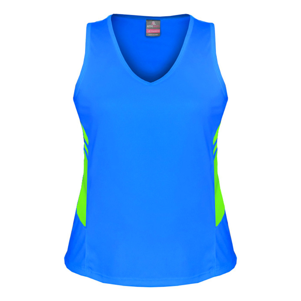 Royal blue sleeveless sports singlet with neon green contrast side panels and V-neckline, flat lay