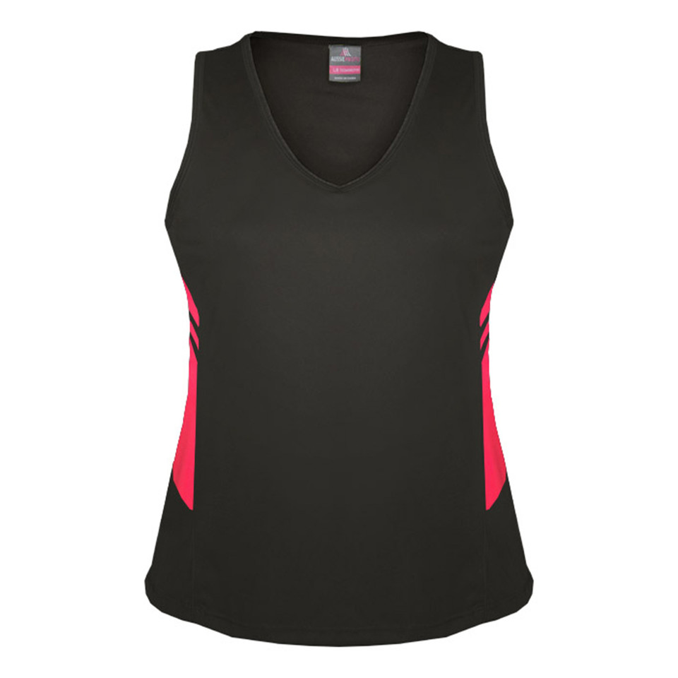 Charcoal grey v-neck sports singlet with hot pink contrast side panels