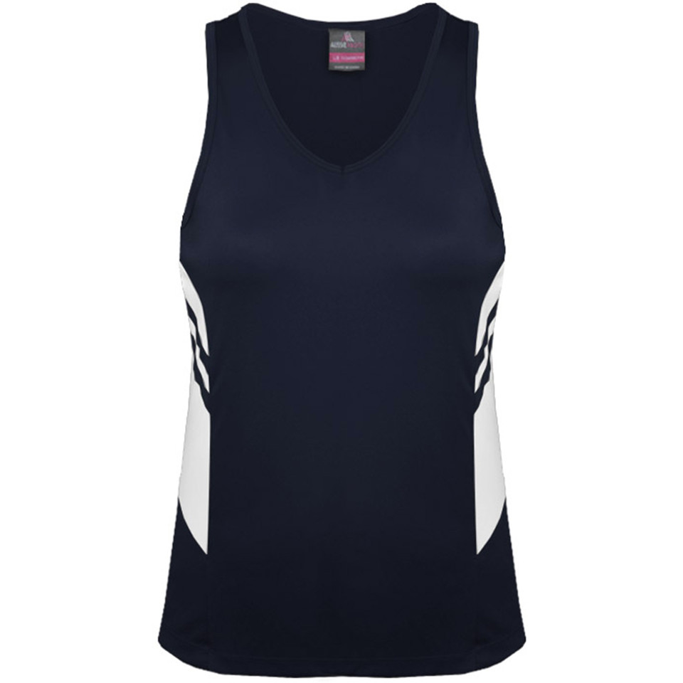 Navy athletic singlet with white side panels and V-neck in contrast colour design