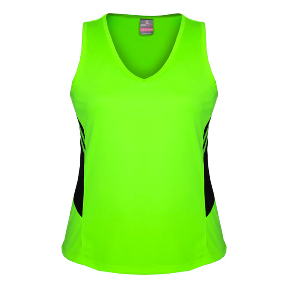 Fluorescent lime ladies v-neck singlet with black contrast side panels and curved hem