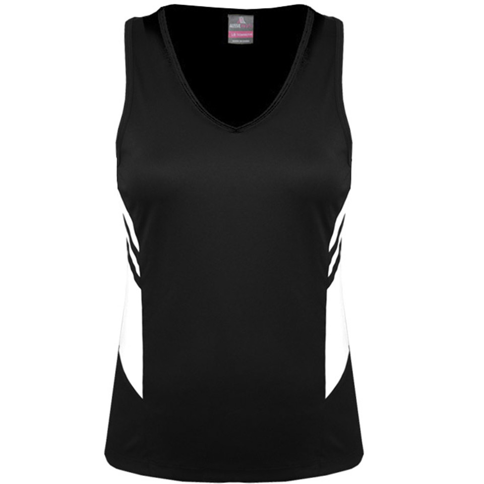 Black V-neck sports singlet with white contrast side panels and athletic stripes