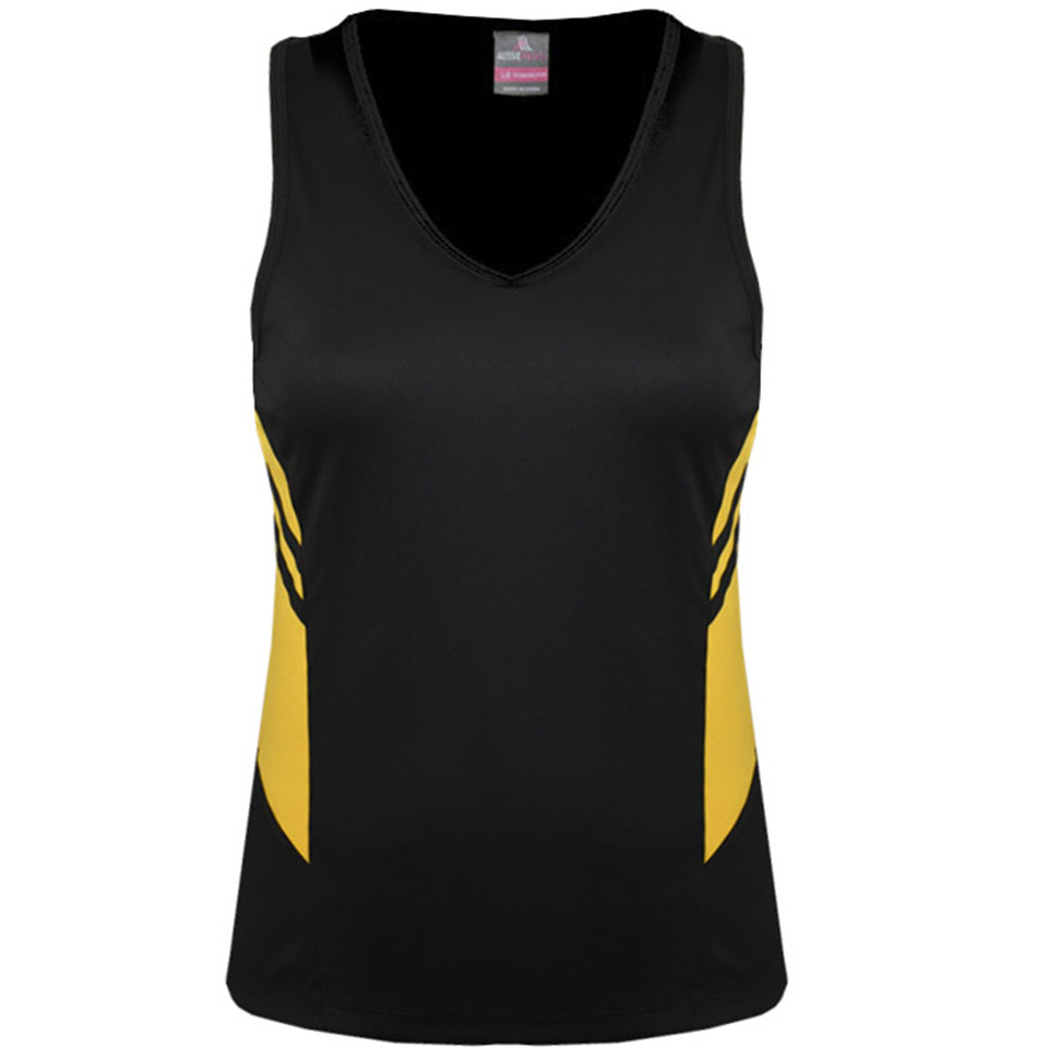 Black v-neck sports singlet with gold contrast side panels and chevron detailing