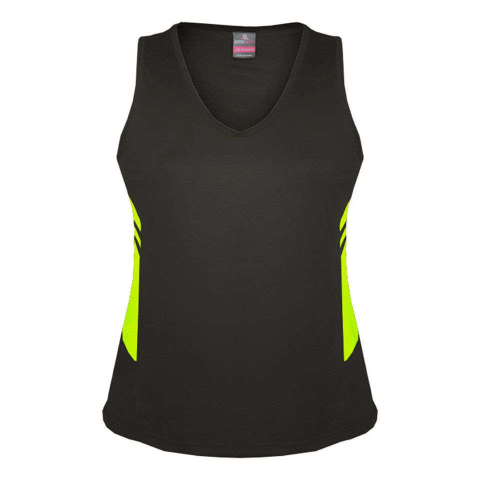 Black and neon yellow women's V-neck sports singlet with contrast side panels, flat front packshot