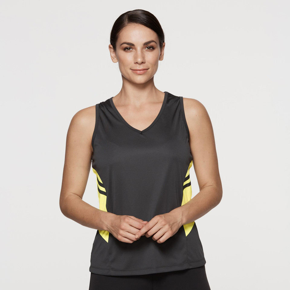 Woman wearing charcoal v-neck sports singlet with neon yellow contrast side panels and black stripe detail