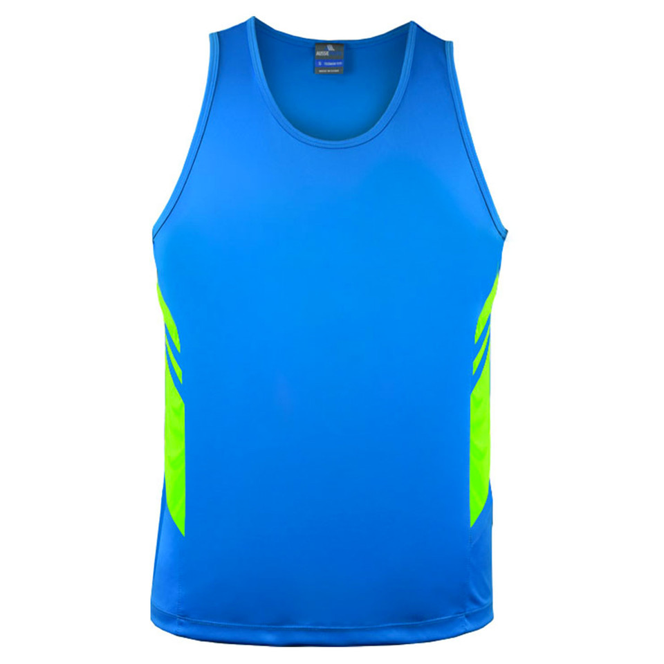 Cyan+Neon Green Plain Talent children's sports singlet (tank top) with contrast panels, made from moisture-wicking microknit fabric, ideal for bulk purchase team uniforms and gym wear.