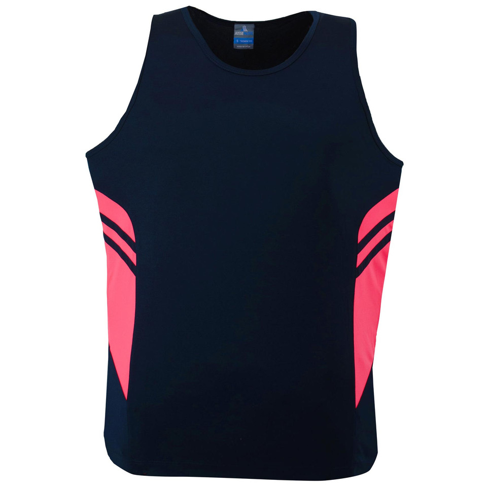 Navy sports singlet with neon pink side panels and contrast stripes on body