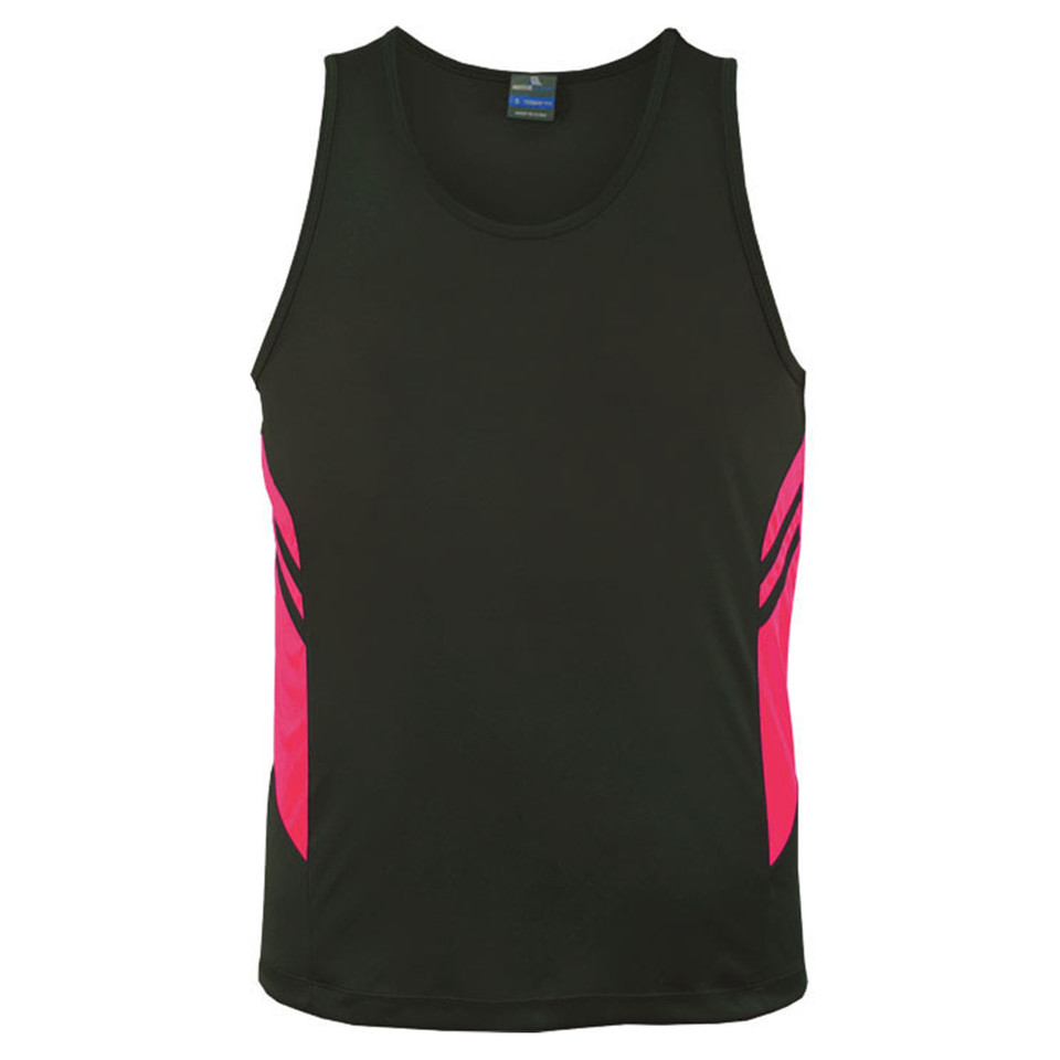 Slate+Neon Pink Plain Talent children's sports singlet (tank top) with contrast panels, made from moisture-wicking microknit fabric, ideal for bulk purchase team uniforms and gym wear.