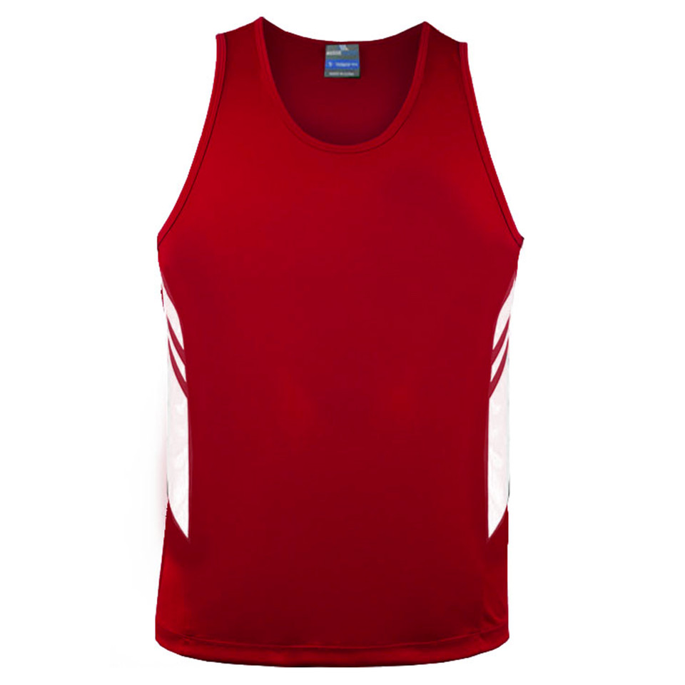 Red+White Plain Talent children's sports singlet (tank top) with contrast panels, made from moisture-wicking microknit fabric, ideal for bulk purchase team uniforms and gym wear.