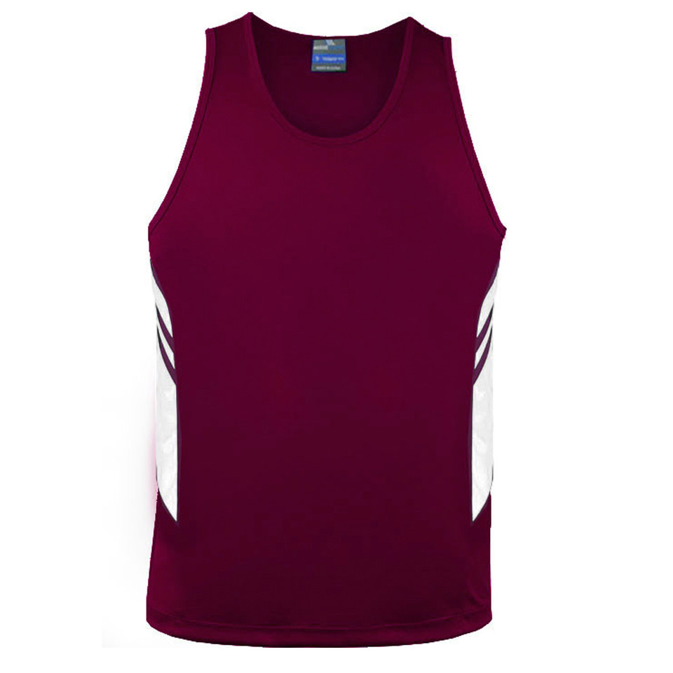 Maroon+White Plain Talent children's sports singlet (tank top) with contrast panels, made from moisture-wicking microknit fabric, ideal for bulk purchase team uniforms and gym wear.