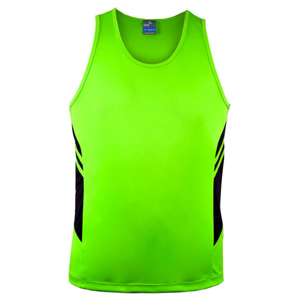 Neon Green+Black Plain Talent children's sports singlet (tank top) with contrast panels, made from moisture-wicking microknit fabric, ideal for bulk purchase team uniforms and gym wear.