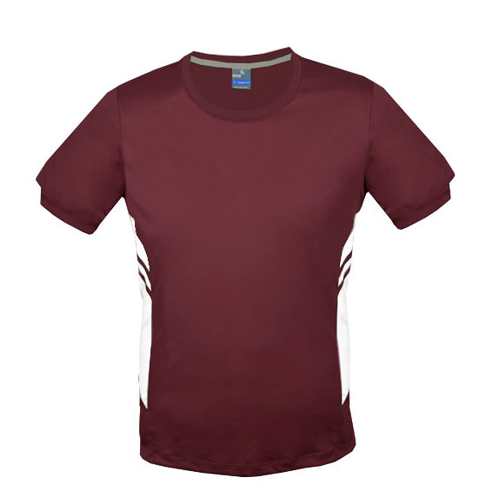 Maroon+White TALENT Men's Contrast Sports T-Shirt featuring breathable moisture-wicking fabric, stylish contrast side panels, and a lightweight athletic fit for gym training and team sports.