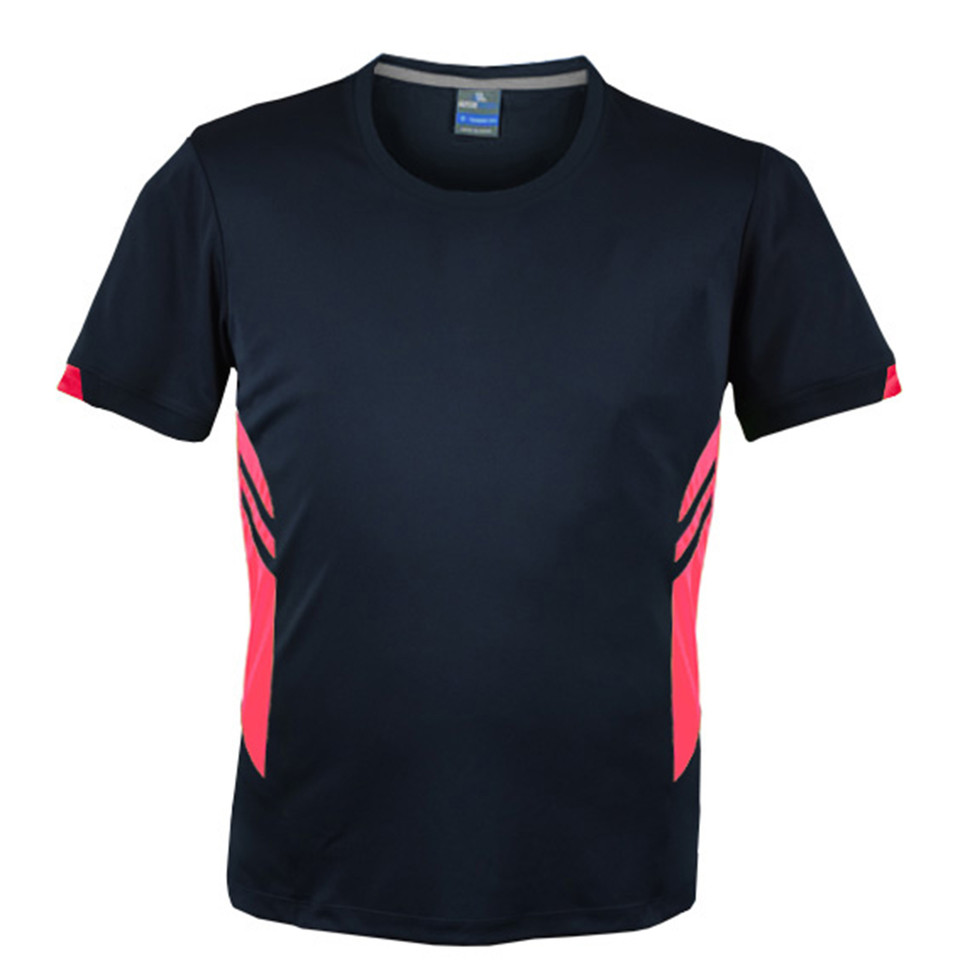 Navy sports tshirt with fluoro pink contrast side panels and sleeve inserts