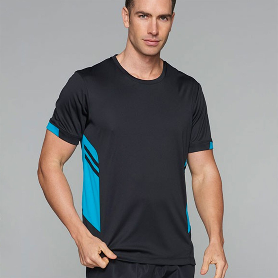 Black performance tee with cyan blue side panels and sleeve contrast featuring diagonal mesh inserts