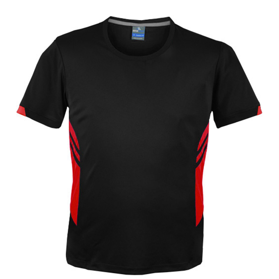 Black sports tee with red contrast side panels and sleeve accents, crew neck styling