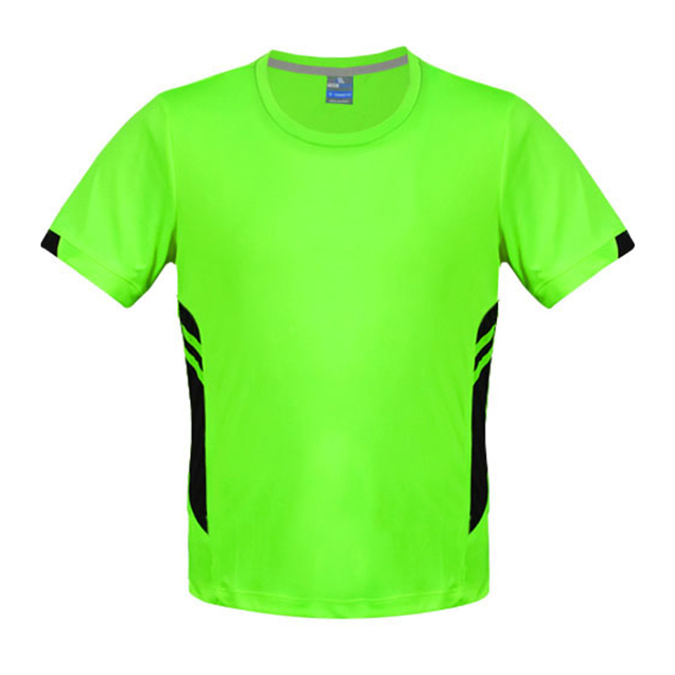 Neon Green+Black TALENT Men's Contrast Sports T-Shirt featuring breathable moisture-wicking fabric, stylish contrast side panels, and a lightweight athletic fit for gym training and team sports.