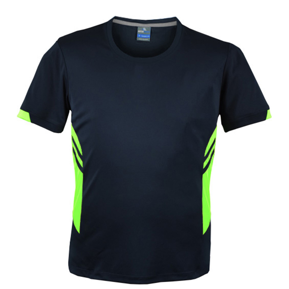 Navy+Neon Green TALENT Men's Contrast Sports T-Shirt featuring breathable moisture-wicking fabric, stylish contrast side panels, and a lightweight athletic fit for gym training and team sports.