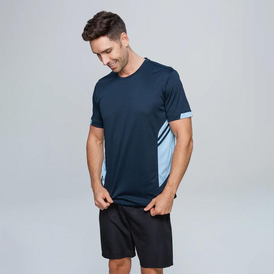 TALENT Men's Contrast Sports T-Shirt featuring breathable moisture-wicking fabric, stylish contrast side panels, and a lightweight athletic fit for gym training and team sports.