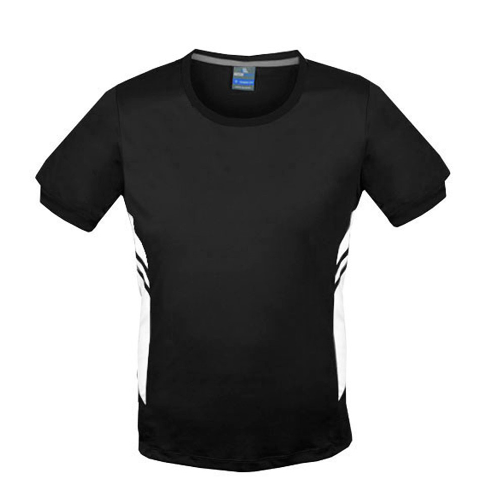 Black kids sports tee with white side panels and contrast mesh inserts on torso