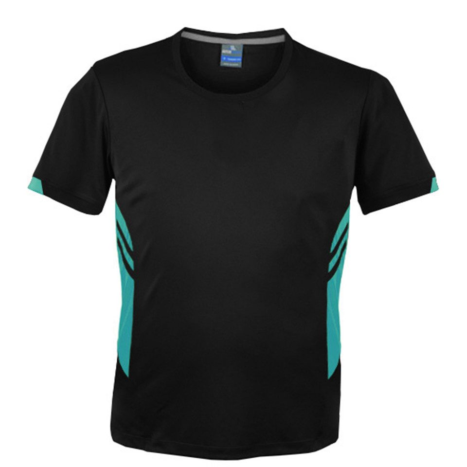 Black kids sports tee with teal contrast side panels and sleeve details