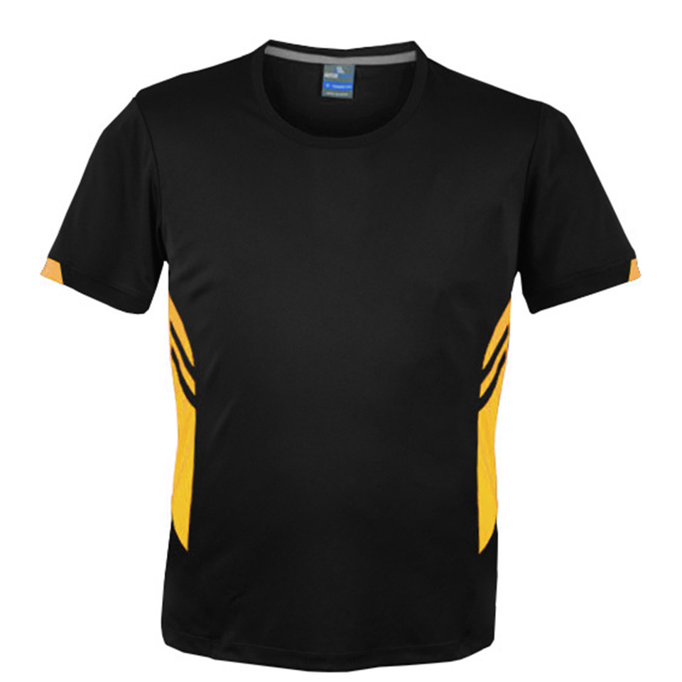 Black kids sports tee with gold contrast side panels and sleeve inserts