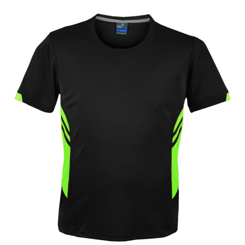 Black kids sports tee with fluorescent lime side panels and contrast sleeve inserts