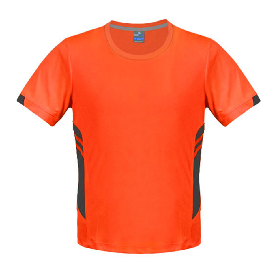 Kids orange and charcoal contrast panel sports tee with crew neck and curved side inserts